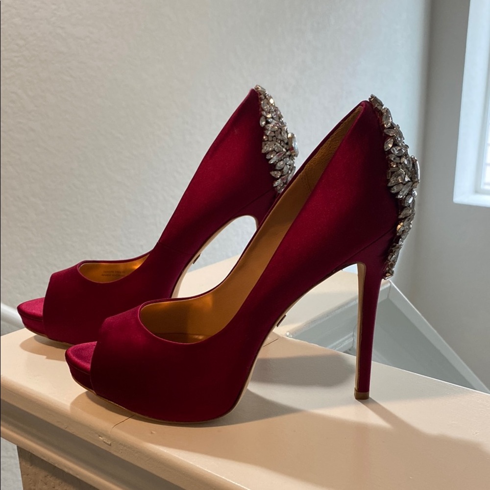 Elegant Red Peep-Toe Heels with Rhinestone Detail